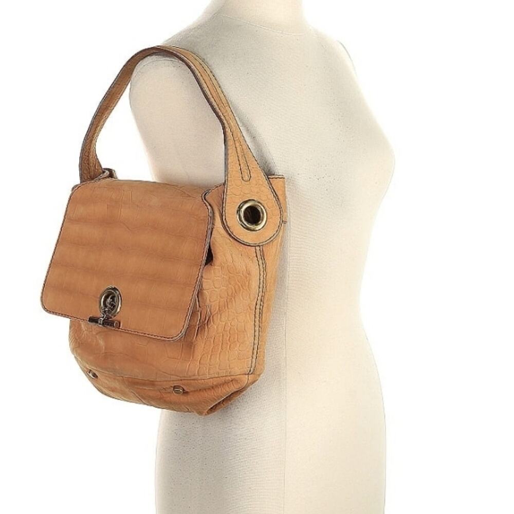 YSL Croc Embossed Tan Suede Capri Flap Hobo Bag